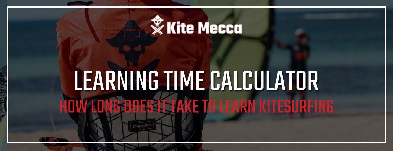 a girl launching kite with help of the instrucor with text 'Learning Time Calculator' – header image for Kitemecca's kitesurfing tool